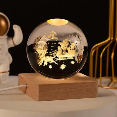 كرة الزجاج الكريستالي الأبيض الدافئ الخشبي 3D النور الليلي القاعدة موقف عرض LED موقف